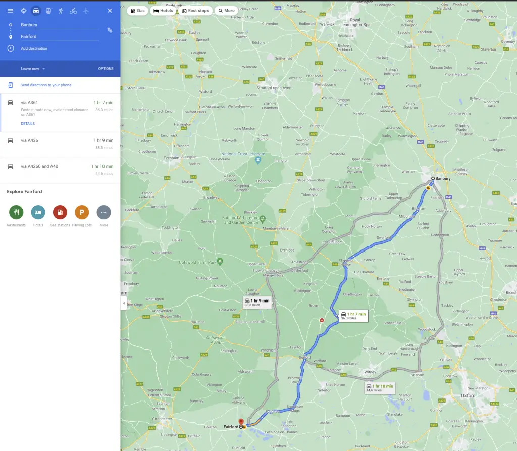 Google Maps directions from Banbury to Fairford by car, a fairly direct route.