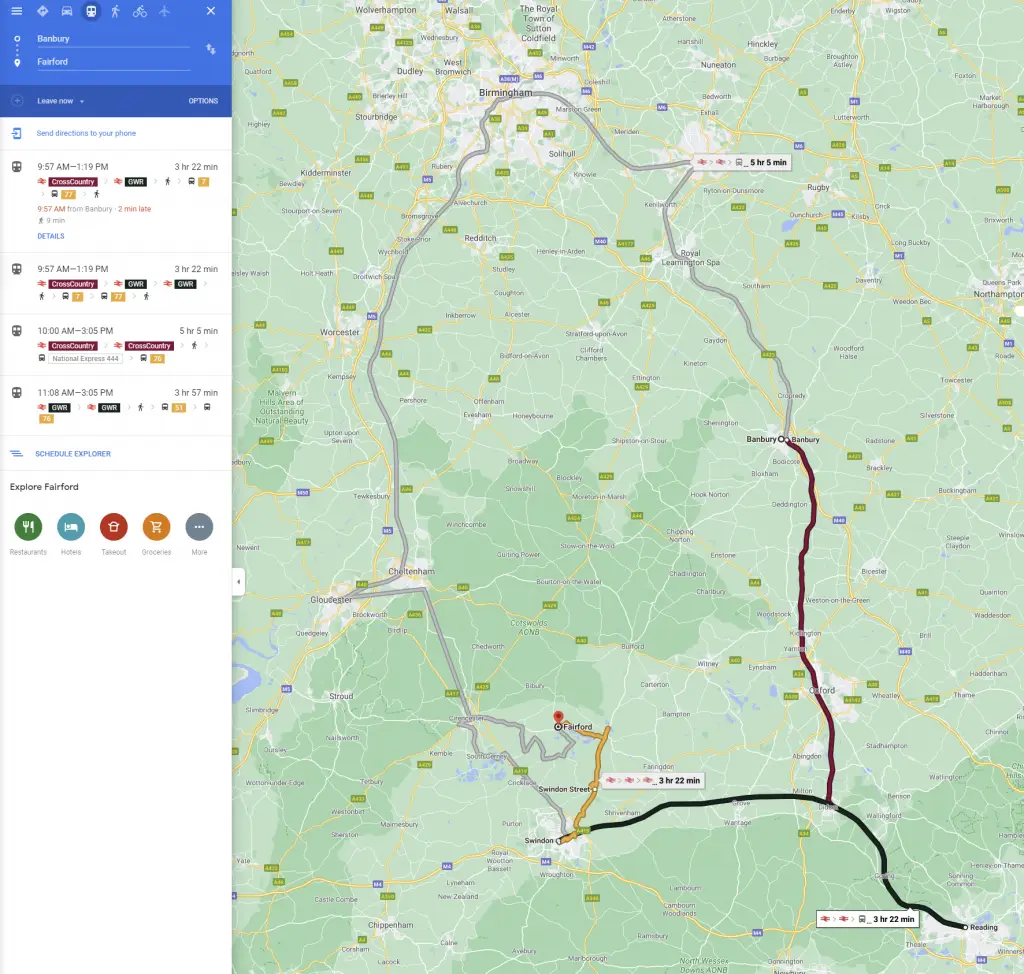 Google Maps directions from Banbury to Fairford by public transport, a longer and less direct route.