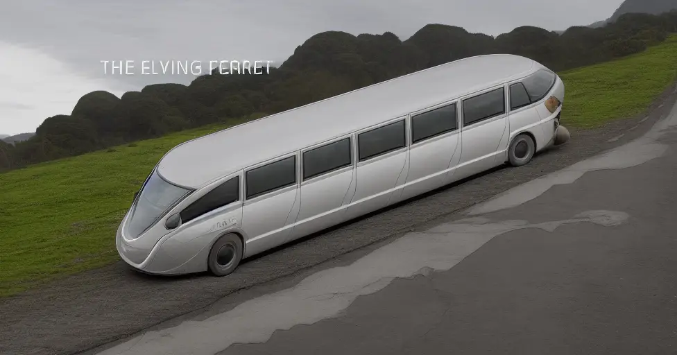 A concept rendering of the Flying Ferret, a long, narrow, streamlined electric passenger vehicle on a country road.