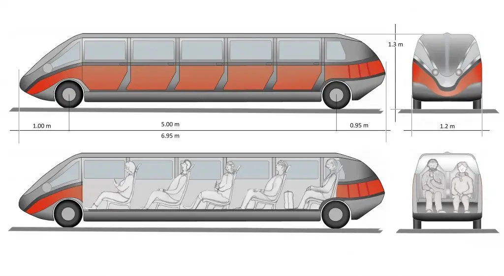 Side and front drawings of the Flying Ferret with dimensions, and a cutaway showing single-file seating.