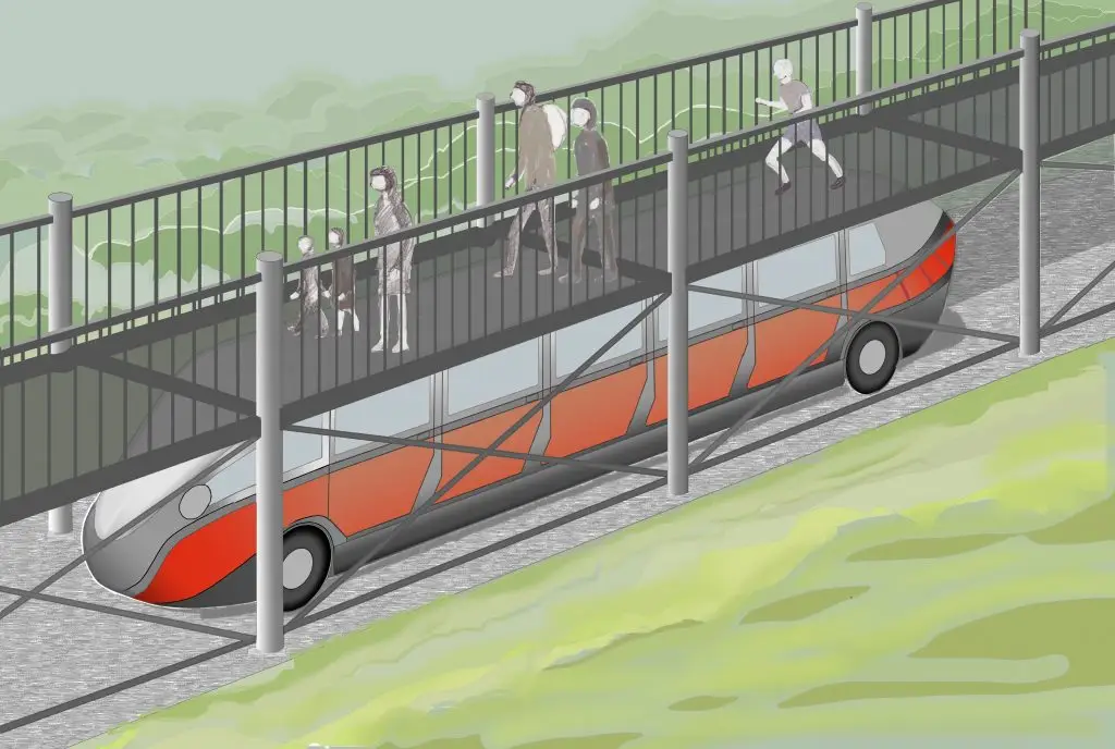Illustration of the Flying Ferret running beneath a raised walkway, with people walking above.