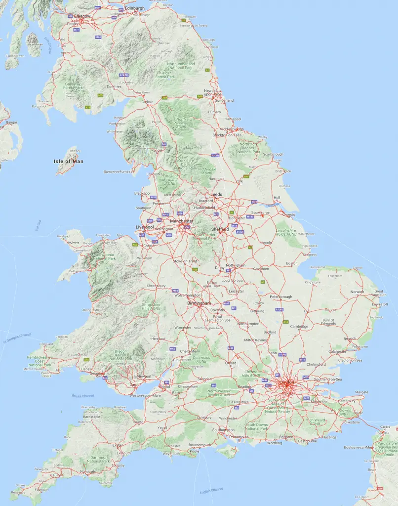 Map of Britain's railway network after the Beeching cuts, with far fewer lines.