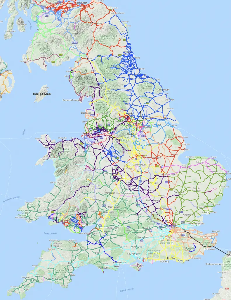 Map of Britain's railway network before the Beeching cuts, a dense web of lines.