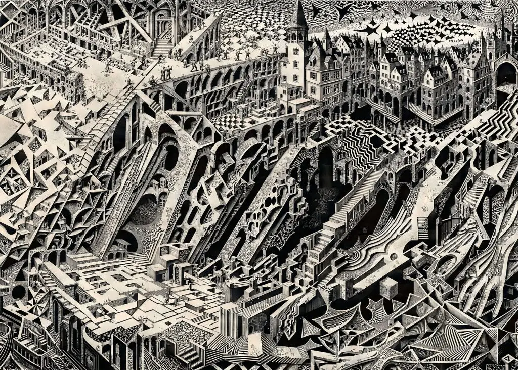 Entropy Drift, a monochrome print of an intricate cityscape breaking apart into geometric fragments.