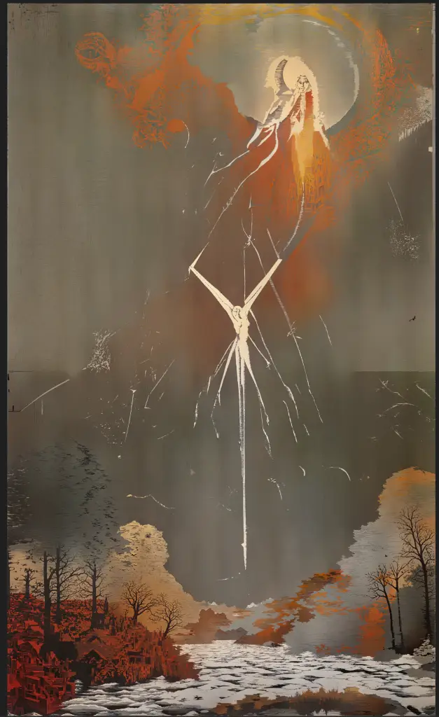 The First Impact, an oil-painting-style image of a glowing figure in an orange sky above a pale figure with raised arms whose body forms a lightning bolt, striking down into a smoky autumn landscape.