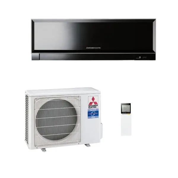A Mitsubishi Electric split air conditioner, with a black wall-mounted indoor unit, the outdoor unit and a remote control.