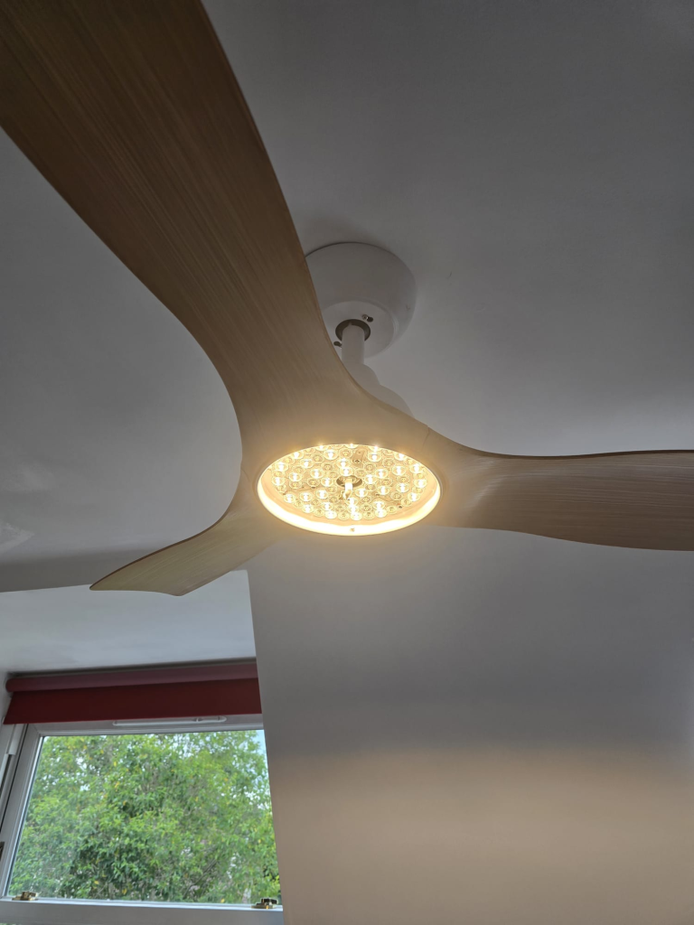 Philips Olas ceiling fan light fitting with frosted plastic diffuser switched on