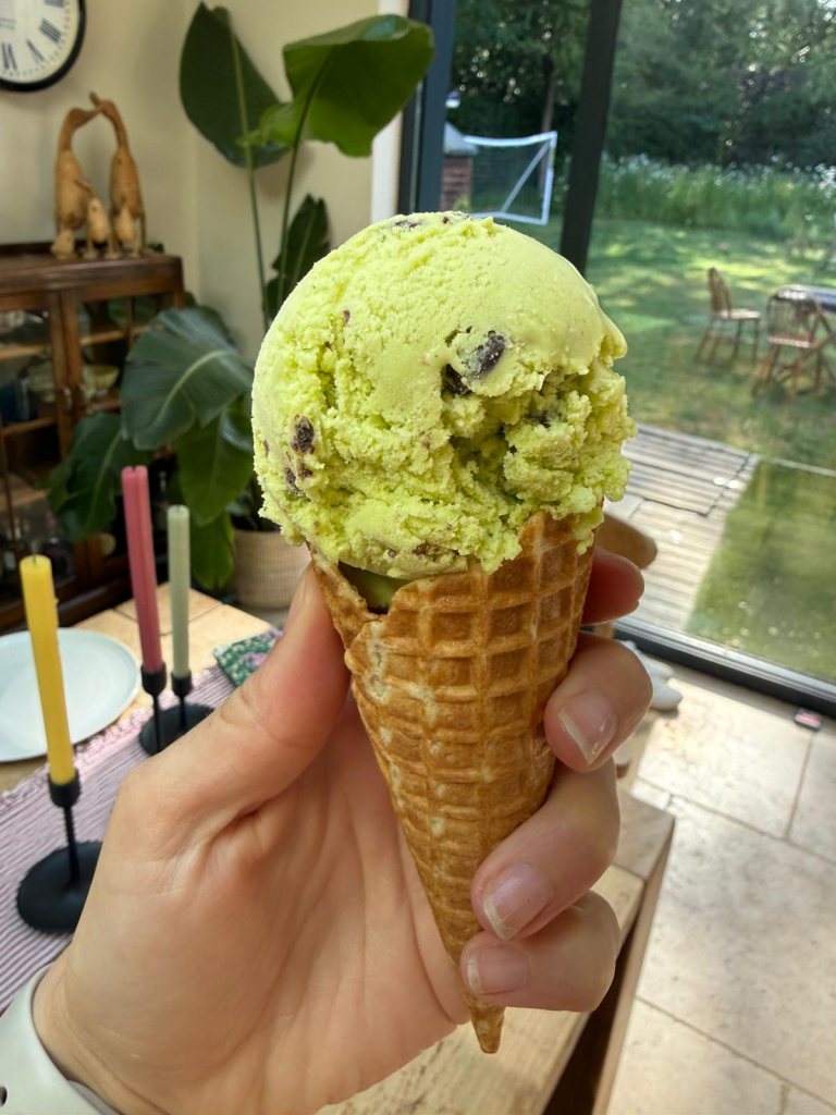 mint choc chip ice cream in cone