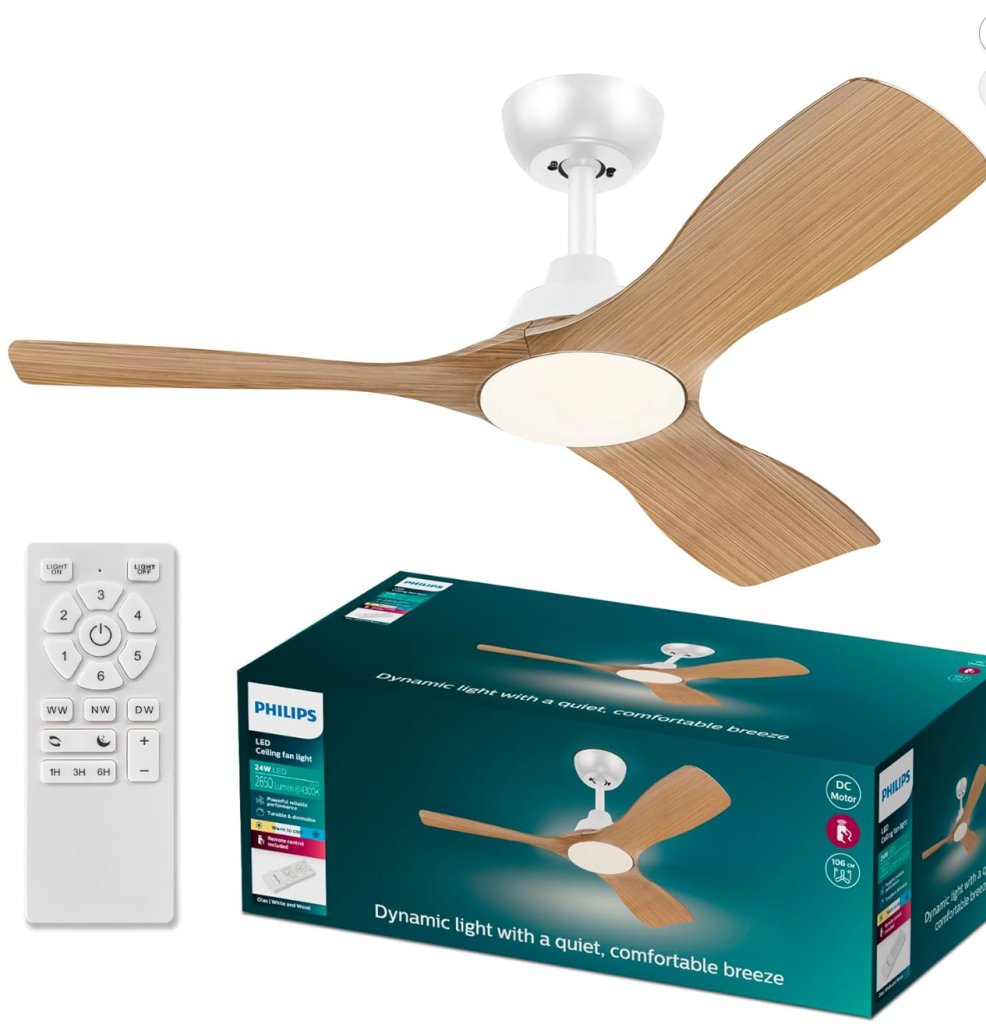 Philips Olas 42-inch white ceiling fan with three wood-effect blades and integrated LED light