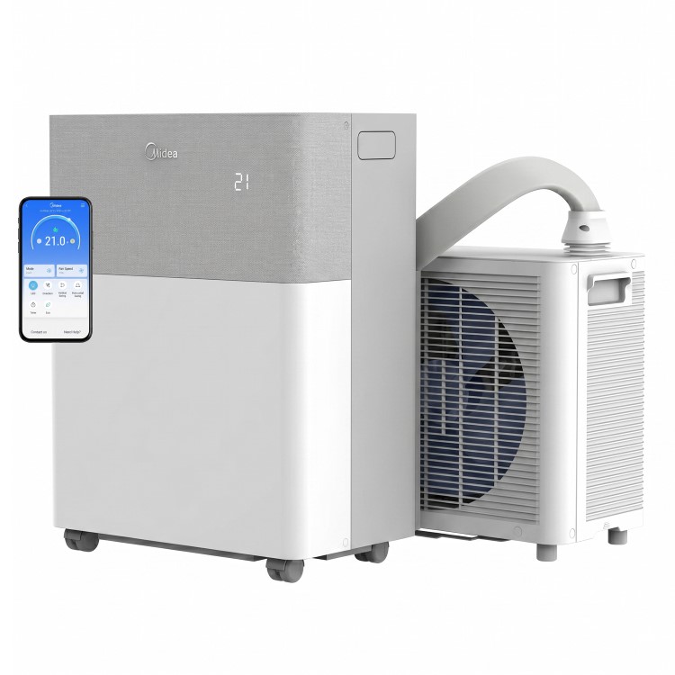The Midea PortaSplit, a portable indoor unit connected by a short refrigerant line to a small outdoor unit, with its phone app.