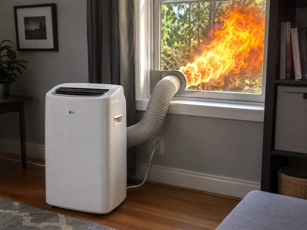 Illustration of a portable air conditioner with its exhaust hose out of a window and flames outside.